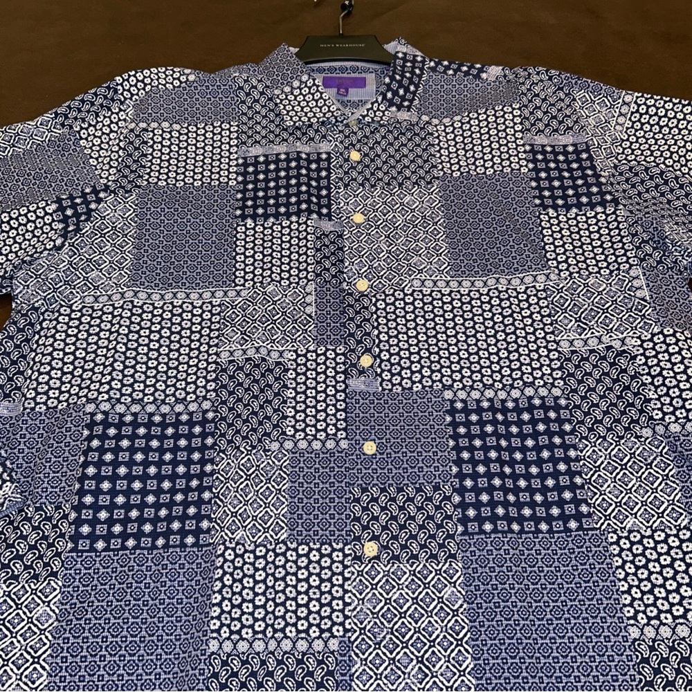 TALLIA Button-Up Diamond Print Shirt‎ Men's Size XXL Flip Cuff Blue White Print